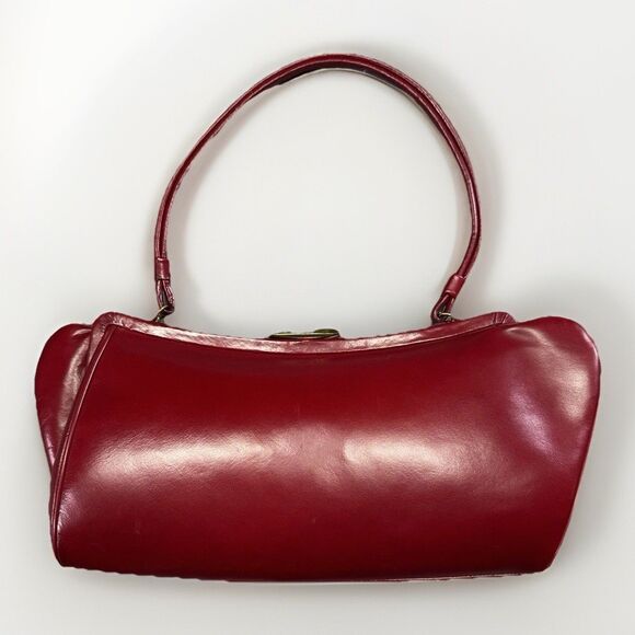 VTG Red Reliable Leather Top Handle Purse MCM Style Kiss Lock Handbag Sexy Shape - Picture 2 of 5